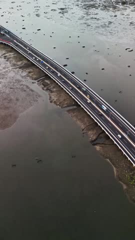 Aerial view of Bali Mandara Toll road bridge cutting across mangrove forest and low tide mud reveals tropical scenery as the modern highway floats above natural wetlands and coastal landscape