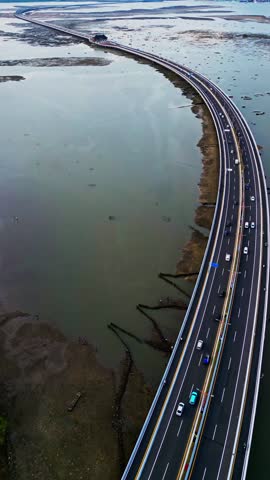 Aerial footage shows Bali Mandara Toll road built as a bridge over exposed mudflats during low tide the tropical highway scene reveals modern engineering cutting across coastal tidal landscape
