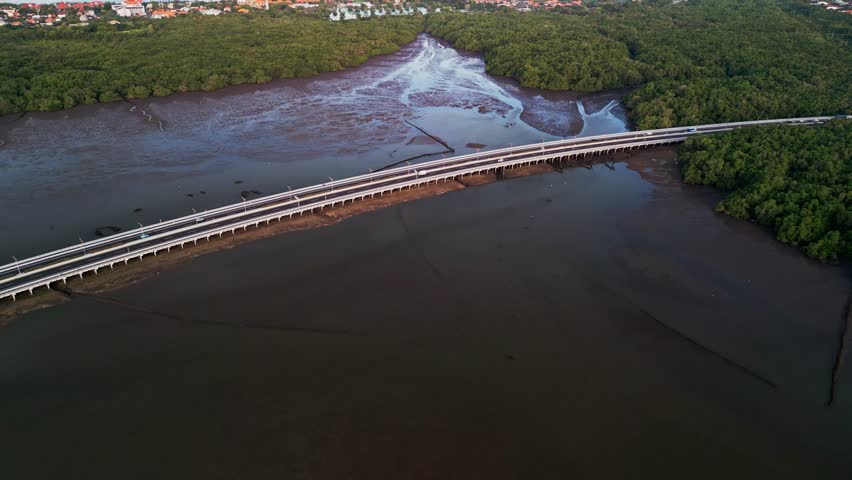 Drone footage captures Bali Mandara Toll road winding across vast mangrove forest with low tide mudflats below showcasing tropical beauty and the unique bridge structure connecting the island
