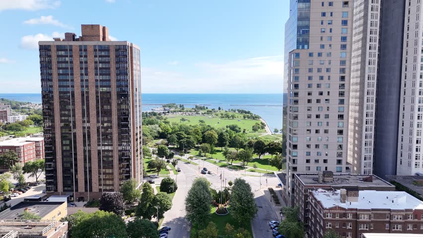 Drone aerial video of Kilbourn Tower, the McKinnley Marina and Milwaukee lakefront