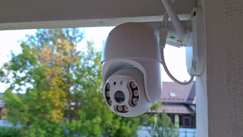 Outdoor security camera rotating and monitoring green garden with houses in background