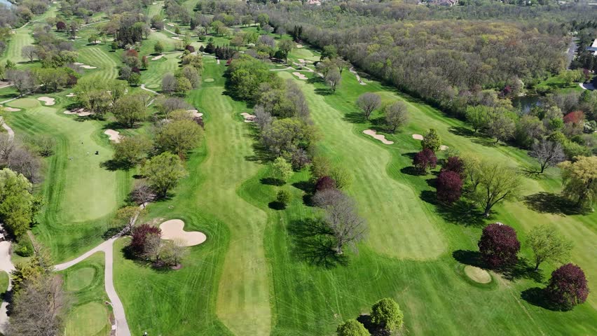 Aerial fly over of North Hills Country club in Menomonee Falls Wisconsin, a beautiful golf course.
