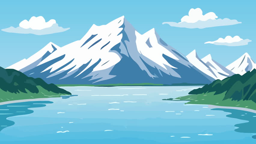 Alaska day mountains river landscape, art video illustration.