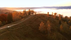 Autumn landscape with rich hues of changing leaves, early light floods mist-covered mountains at dawn, high angle view. Cinematic footage. Filmed in UHD 4k video. Discovery the beauty of earth. - Powered by Shutterstock - Get 15% off with code: PIKWIZARD15