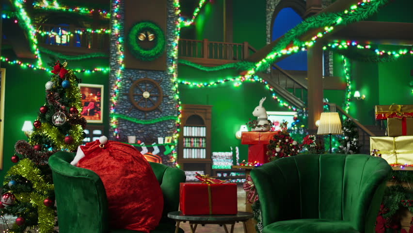 Santa Claus astounded to find gift in his North Pole workshop, surprised by Christmas miracle. Elderly man wearing Santa Claus costume amazed after receiving unexpected present, camera A