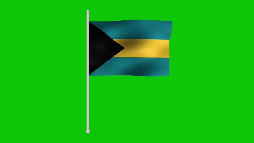 A waving bahamas national ensign on a pole against a vibrant green screen background display effect