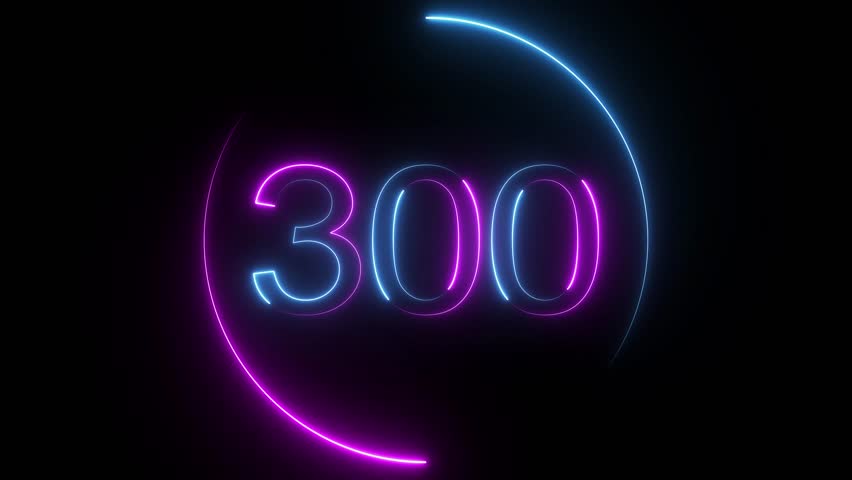 A dynamic circular animation, and glowing neon number 300 animation . on a black background. and creating a stunning video.4k video