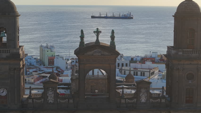Aerial Perspective of Santa Ana Cathedral Illuminated by Sunrise in Las Palmas de Gran Canaria