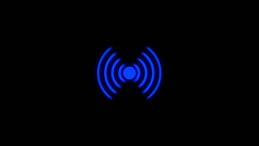 Technology radio wave station signal animation featuring a white glowing hotspot icon on a black background. neon line wifi hotspot icon animation with black background.