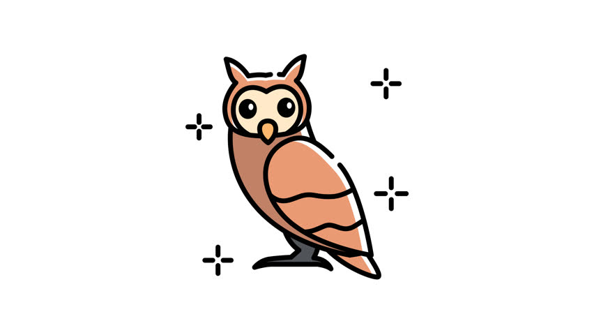 Owl bird icon animation featuring a cute cartoon owl amidst shining stars, perfect for children books, education websites, or greetings cards.