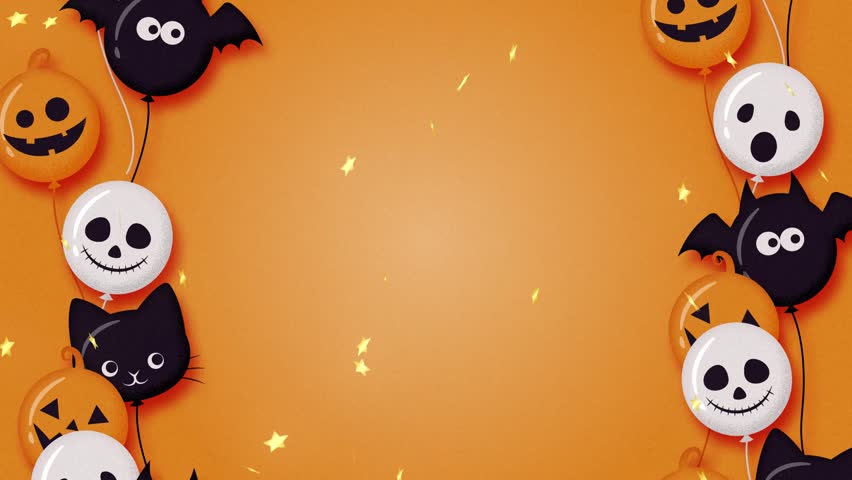 cute halloween party background with gold star shaped confetti and flying balloons animation