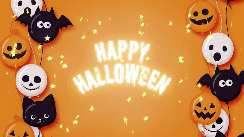 cute halloween party background with gold star shaped confetti and flying balloons animation