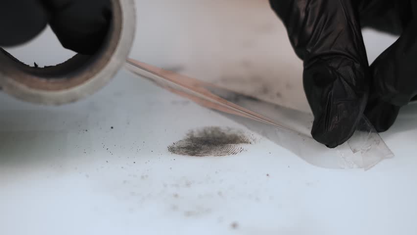 Forensic expert lifting fingerprint from a smooth surface using adhesive tape during crime scene investigation for evidence collection and analysis.