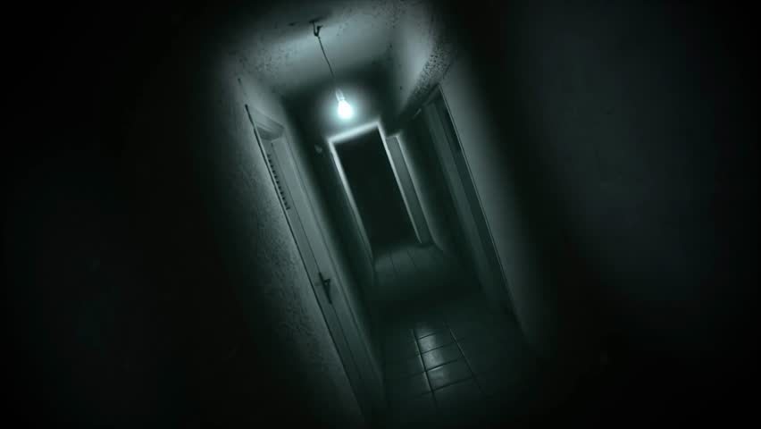 Dark haunted corridor with narrow hallway, damaged wall, dim hanging bulb, mysterious open doorway, spooky abandoned building interior, horror atmosphere, thriller scary ghostly scene. darkness creepy