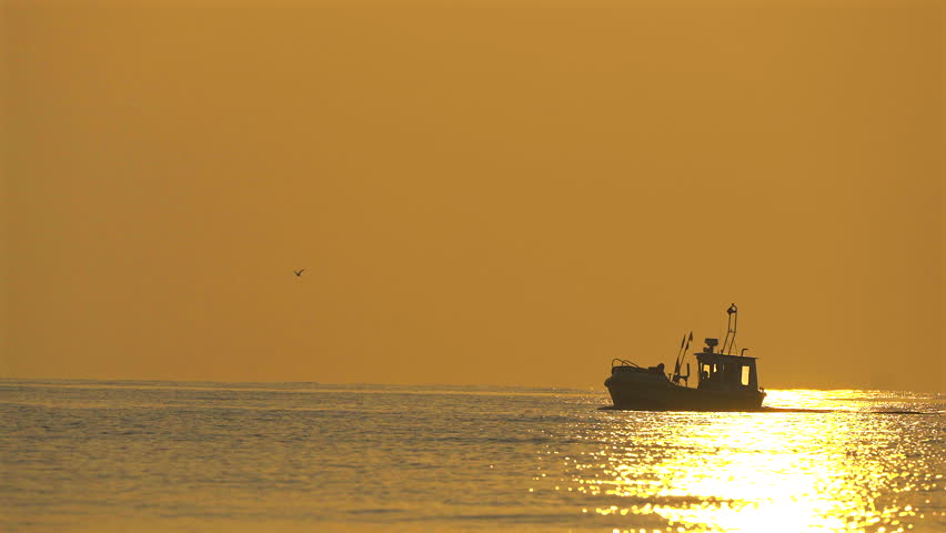 Fishing boat sailing on the Baltic Sea at sunrise, returning from a night of fishing with golden light reflecting on the waves.