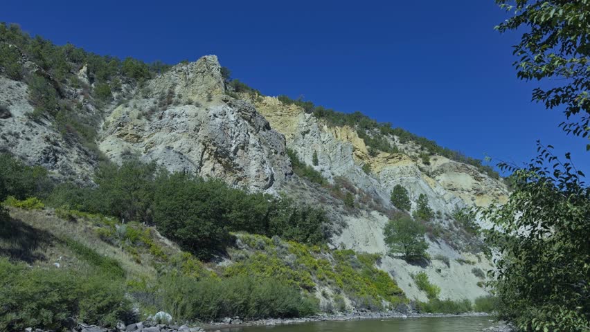 Crystal River flowing gently through a green valley under clear blue sky in Carbondale, Colorado, tilt down