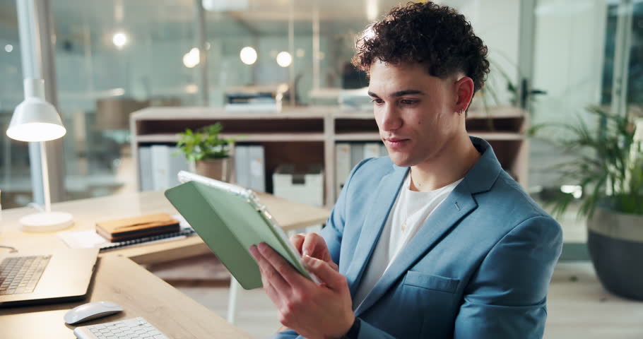 Businessman, night and research with tablet for finance, online trading or investment in office. Man, trader or investor working late with technology app for financial growth or planning in workplace