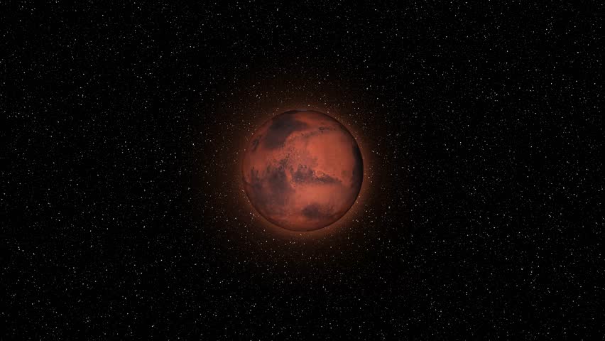 Abstract glowing mars planet with starry sky. Red planet animation on black space background for sci-fi visuals, space edits, or astronomy themes.