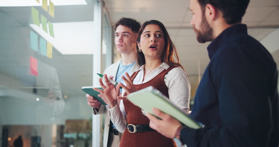 Business people, brainstorming or planning with tablet for schedule or team strategy in office. Group, employees or colleagues with sticky note for tasks, agenda or project ideas on glass board