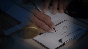 Close-up of hand signing business contract with digital data charts and compliance analytics interface overlay. Concept of AI in legal document processes. - Powered by Shutterstock - Get 15% off with code: PIKWIZARD15