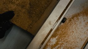 Top down slow motion video of a hand pushing and sawing a oak wooden board or slab in a carpentry workshop while sawdust and woodchips fly in slow motion. Gloved black hand pushing the wood forward. - Powered by Shutterstock - Get 15% off with code: PIKWIZARD15