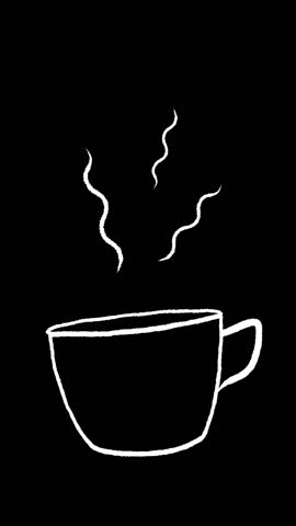 Hand drawn sketch animation of a steaming coffee cup on a black background. Looping vertical doodle for social media stories, menus, loading screen or cafe branding. 