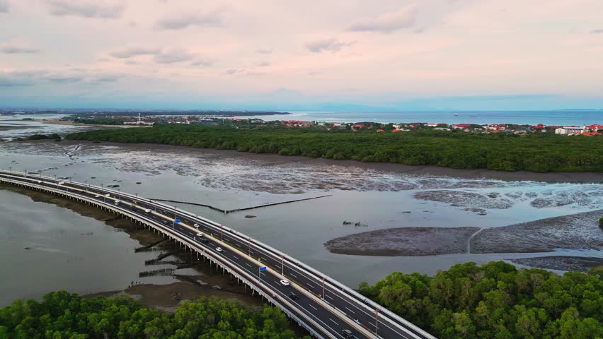 Aerial drone footage captures the Bali Mandara Toll road bridge extending across wide muddy flats revealed at low tide with a tropical Indonesian landscape creating a striking coastal highway scene
