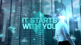 It starts with you. Businessman Working in Office among Skyscrapers. Hologram Concept - Powered by Shutterstock - Get 15% off with code: PIKWIZARD15