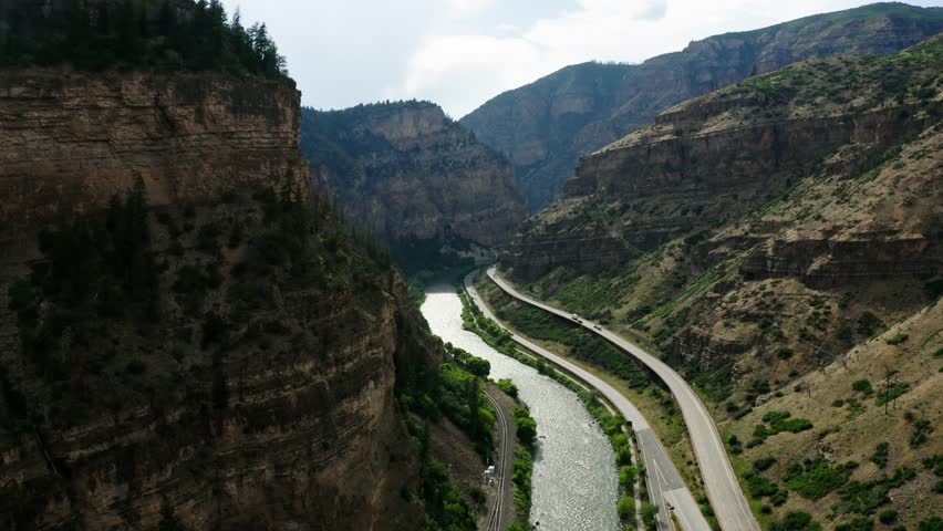 Rising drone shot looking out over Glenwood Canyon in Colorado