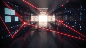 The camera slowly moves across the server room, revealing bright data lines that stretch from wall to wall and between rows of server blocks. 3D Render Animation. - Powered by Shutterstock - Get 15% off with code: PIKWIZARD15