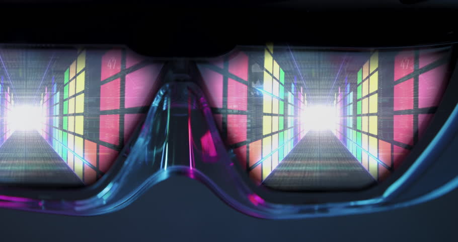 Futuristic AR glasses with darkened lenses and no active display, indicating system shutdown or inactive mode, contrasted by ambient neon lights.