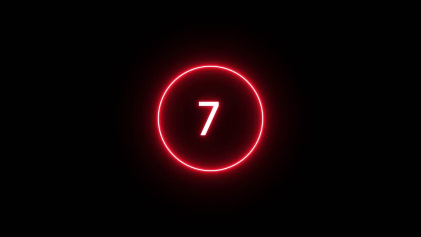 7 seconds timer animation. Neon countdown numbers 7-0  on black background.