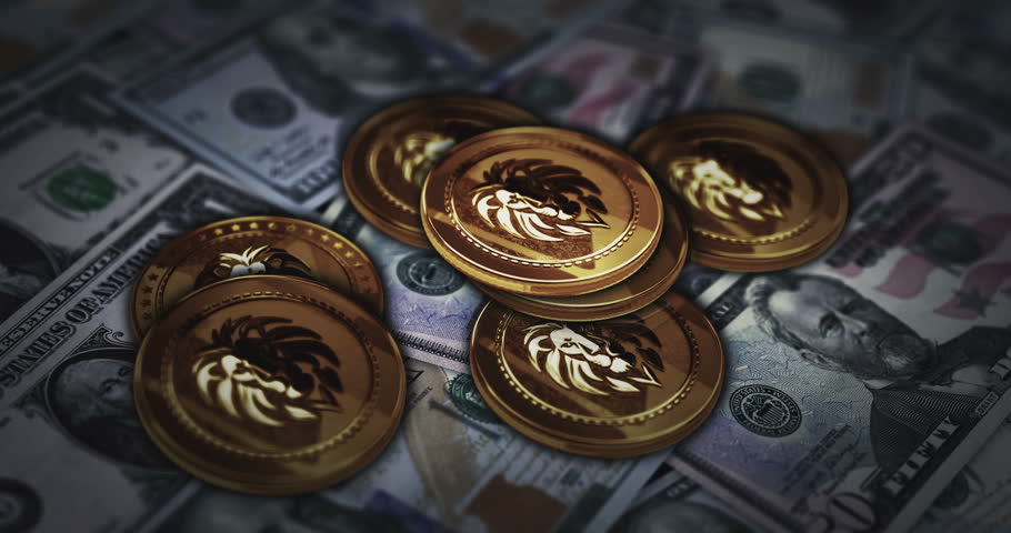 Lion power symbol golden coin over Dollar banknotes. Crypto currency with US note background 3d abstract online payment and digital money concept.