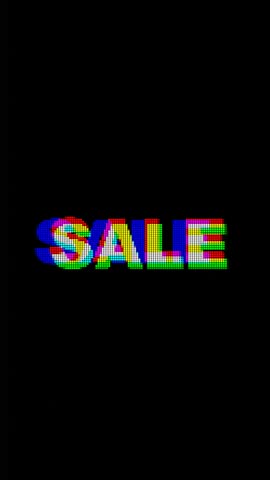4k animated 'Sale' banner with in RGB Led style text on black background, 80s retro futuristic pixelated motion glitch effect. Banners, promotions, discounts, special offers design