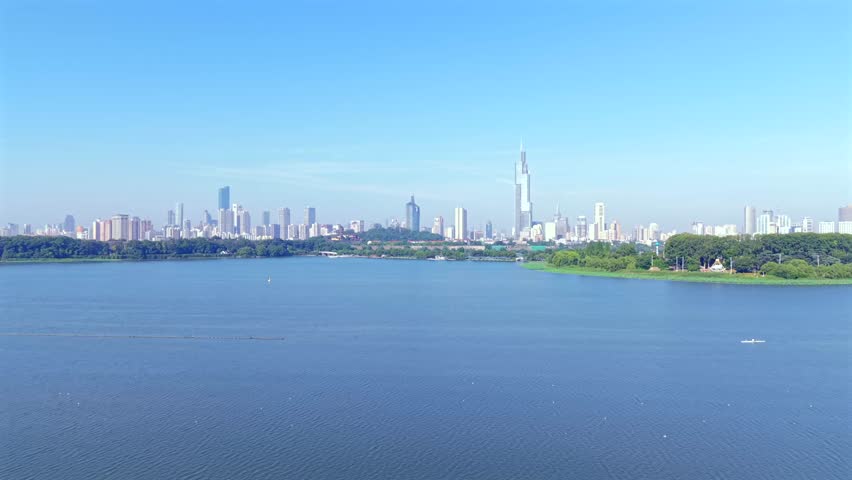 aerial view of the lakeside city skyline, Nanjing China