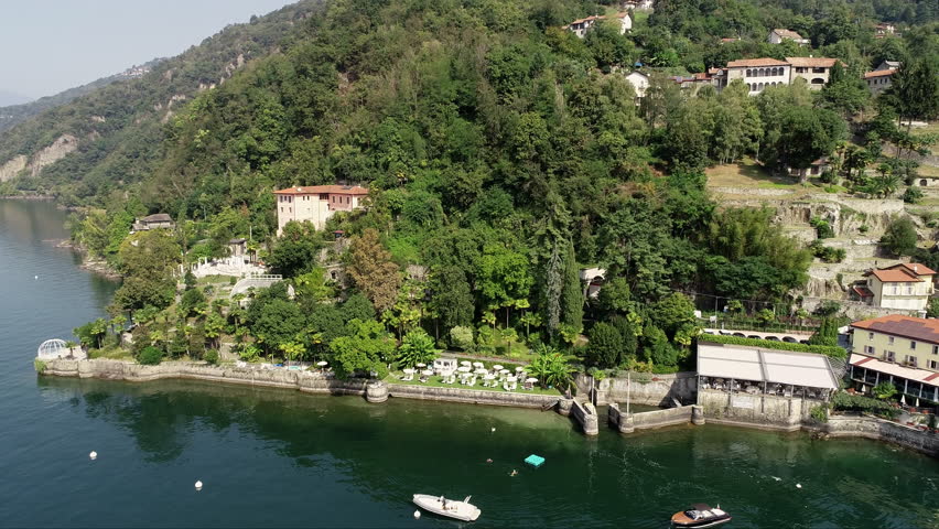 Aerial View of Colmegna Village on Lake Maggiore Coast, Luino, Lombardy, Italy