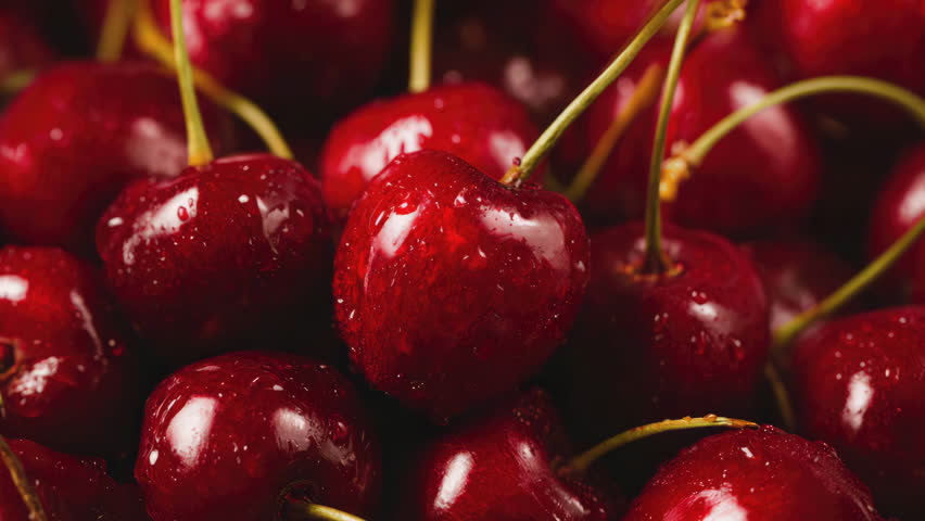 Many fresh cherries glisten with water droplets, vivid appetizing close-up. Rich red colors, natural beauty, freshness. Cherry taste, summer fruits and berries background. Food, health, nature.