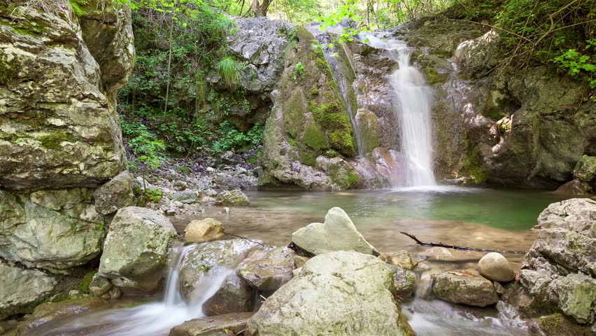 Natural Waterfall Pond in green Forest, Timelapse