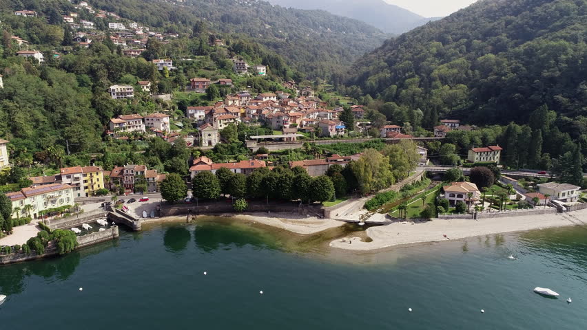 Aerial View of Colmegna Village on Lake Maggiore Coast, Luino, Lombardy, Italy
