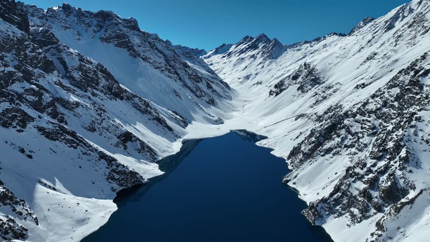 Portillo, ski in chile on a sunny day with lots of snow. South America. Aerial view.