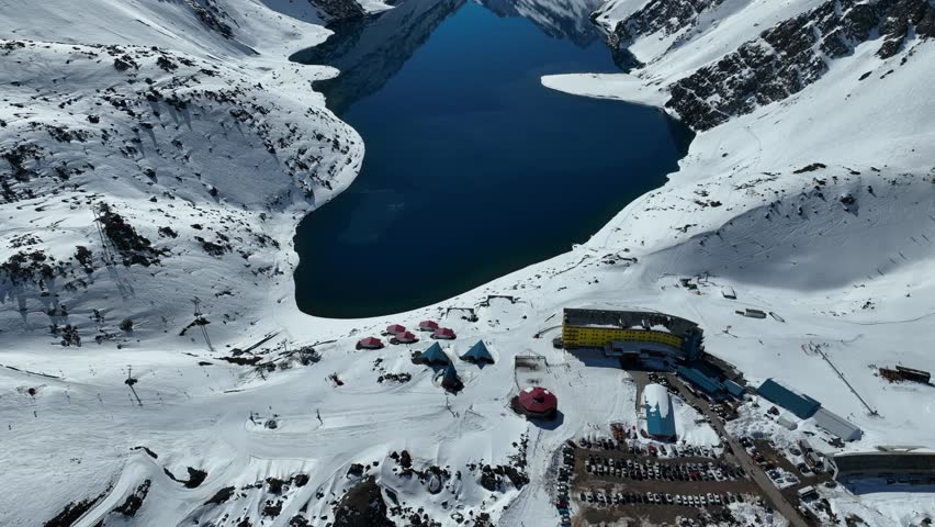 Portillo, ski in chile on a sunny day with lots of snow. South America. Aerial view.