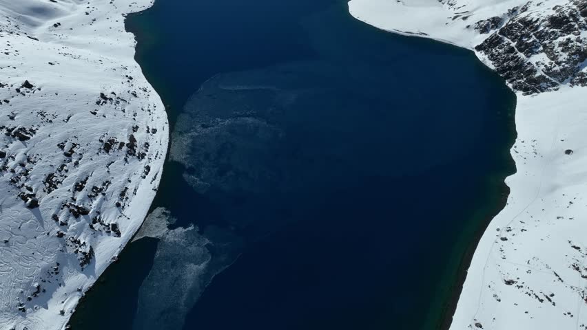 Portillo, ski in chile on a sunny day with lots of snow. South America. Aerial view.