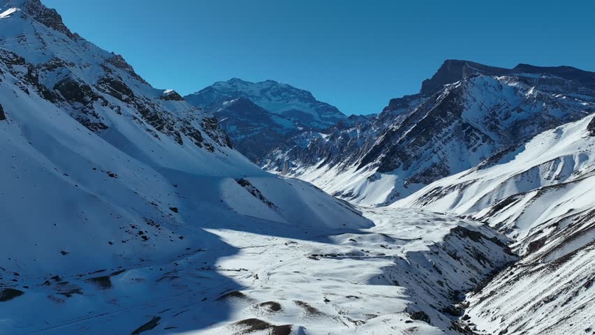 Aconcagua, a mountain in the Andes Mountains between Chile and Argentina. Aerial view.