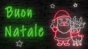 Buon Natale (Italian Merry Xmas) Santa Claus + reindeer illuminated 3d illustration retro neon signs on dark brick wall background, cute Christmas wishes, sstkChristmas, 10s4k video art, jolly good! - Powered by Shutterstock - Get 15% off with code: PIKWIZARD15
