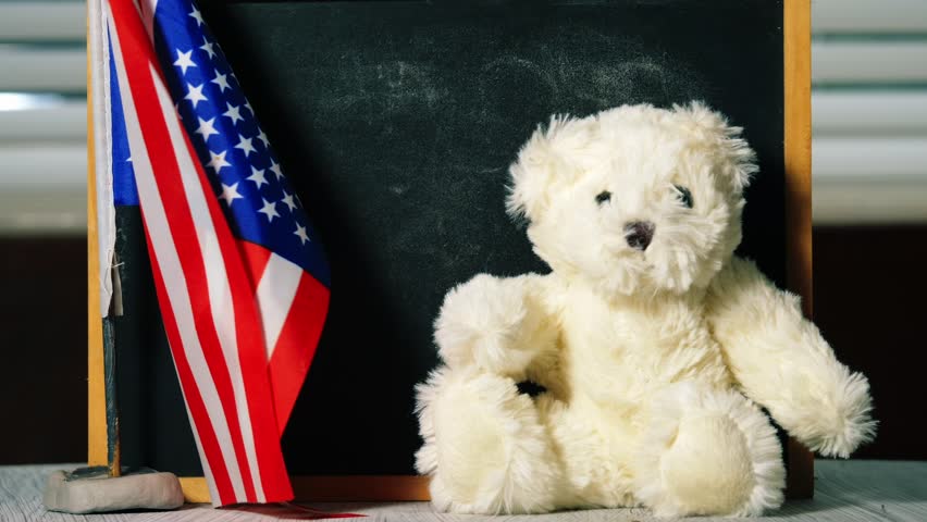 Back to school with American flag chalk black board and cute teddy mascot medium zoom shot selective focus