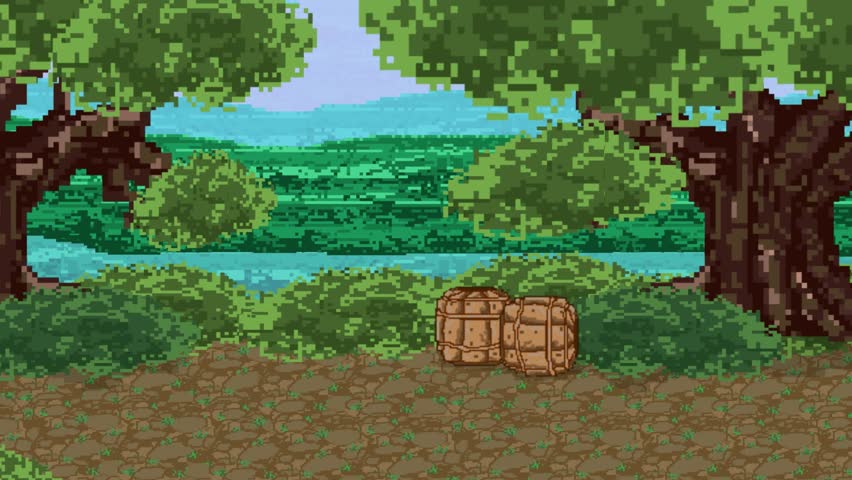 Animation of an old 32-bit game of a medieval soldier walking through the forest with his sword and fighting ogres, pixel art, 2D.