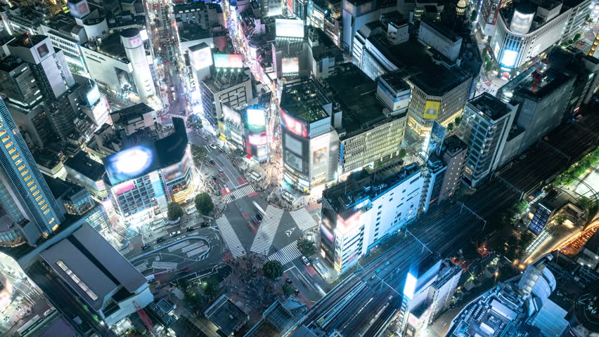 Timelapse of urban night cityscape of Shibuya Scramble Crossing in Tokyo, Japan