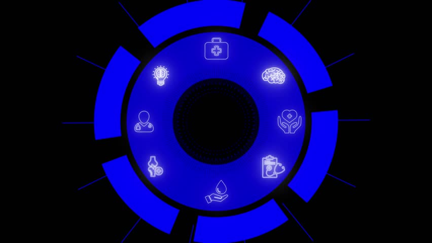 A circular medical infographic with neon blue icons representing fitness, brain, doctor, joint, water drop, heart, and first aid kit on a black background.