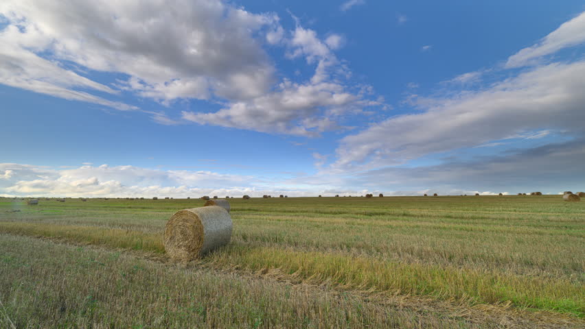 A Serene and Peaceful Landscape Featuring Hay Bales Under a Bright Blue Sky Above