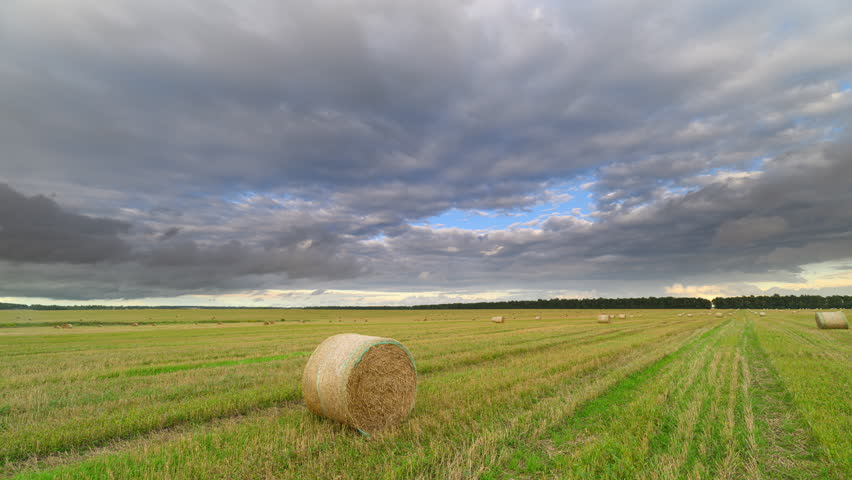 A Serene Landscape Featuring Hay Bales Beautifully Set Under Dramatic Clouds Above